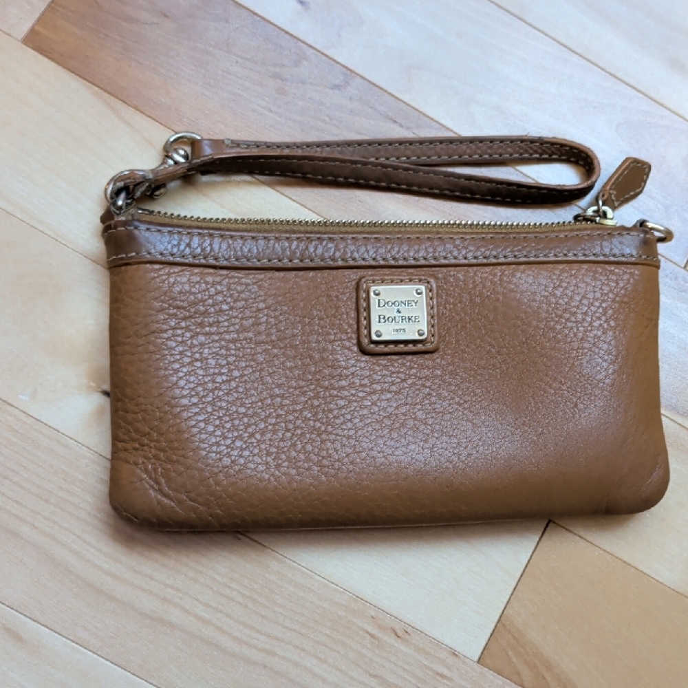Dooney & Bourke Tan Pebbled Leather Wristlet with Gold Hardware